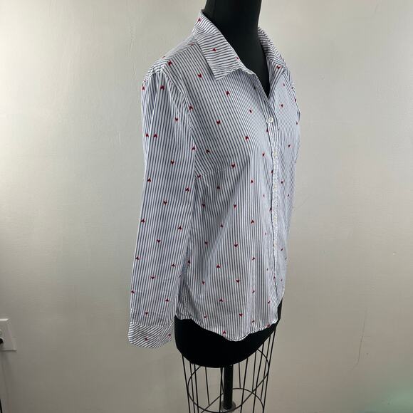 Talbots Blue White Red Top Cotton Striped Heart Collared Button-Up Size Small S - Picture 6 of 10